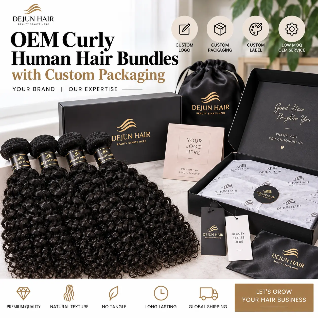 OEM curly human hair bundles with custom logo and private label packaging