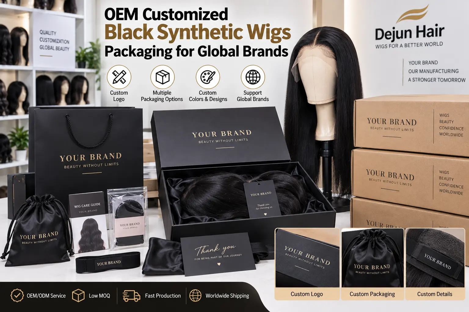 OEM customized black synthetic wigs with private label packaging for global brands