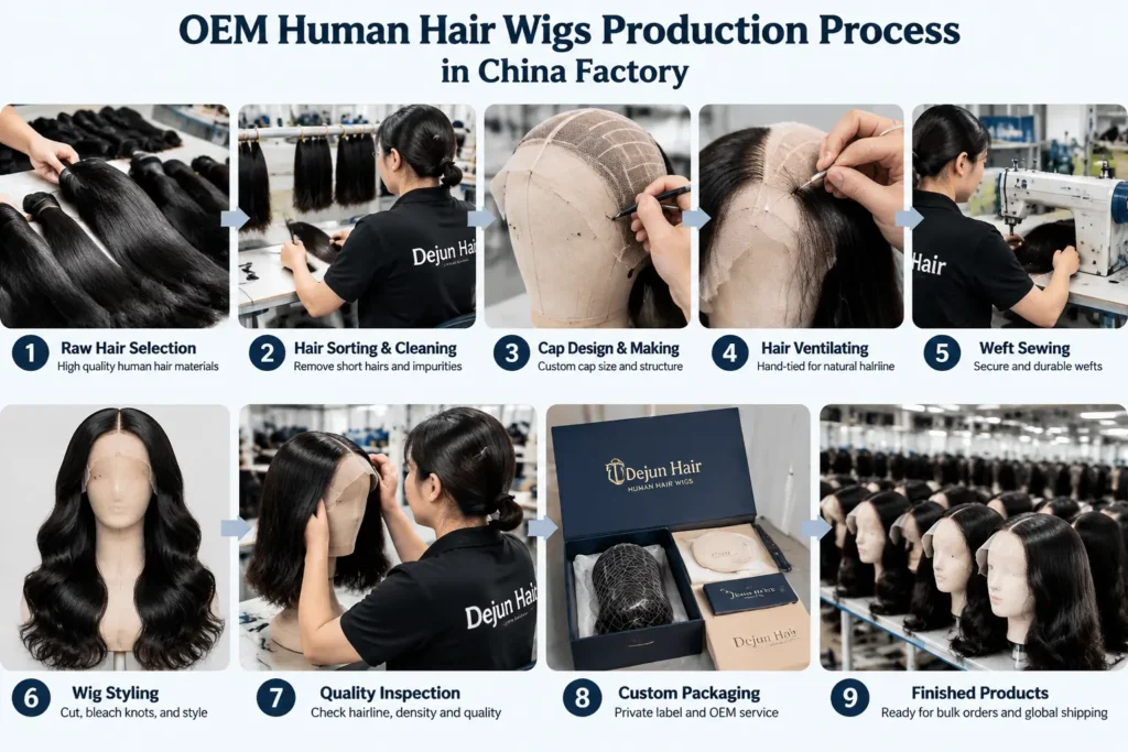 OEM human hair wigs production process in China factory for wholesale wig brands