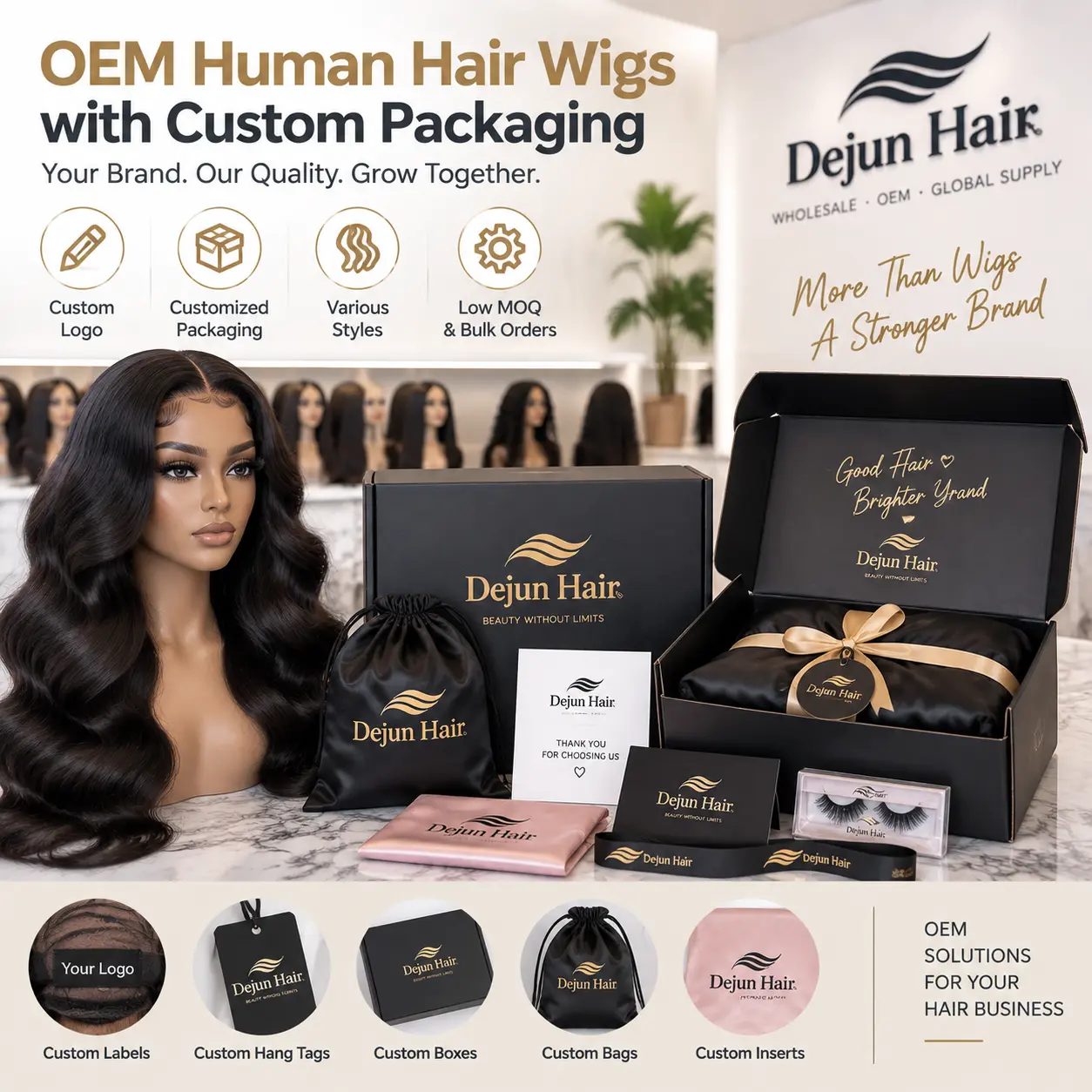 OEM human hair wigs with custom packaging and private label solutions for hair businesses
