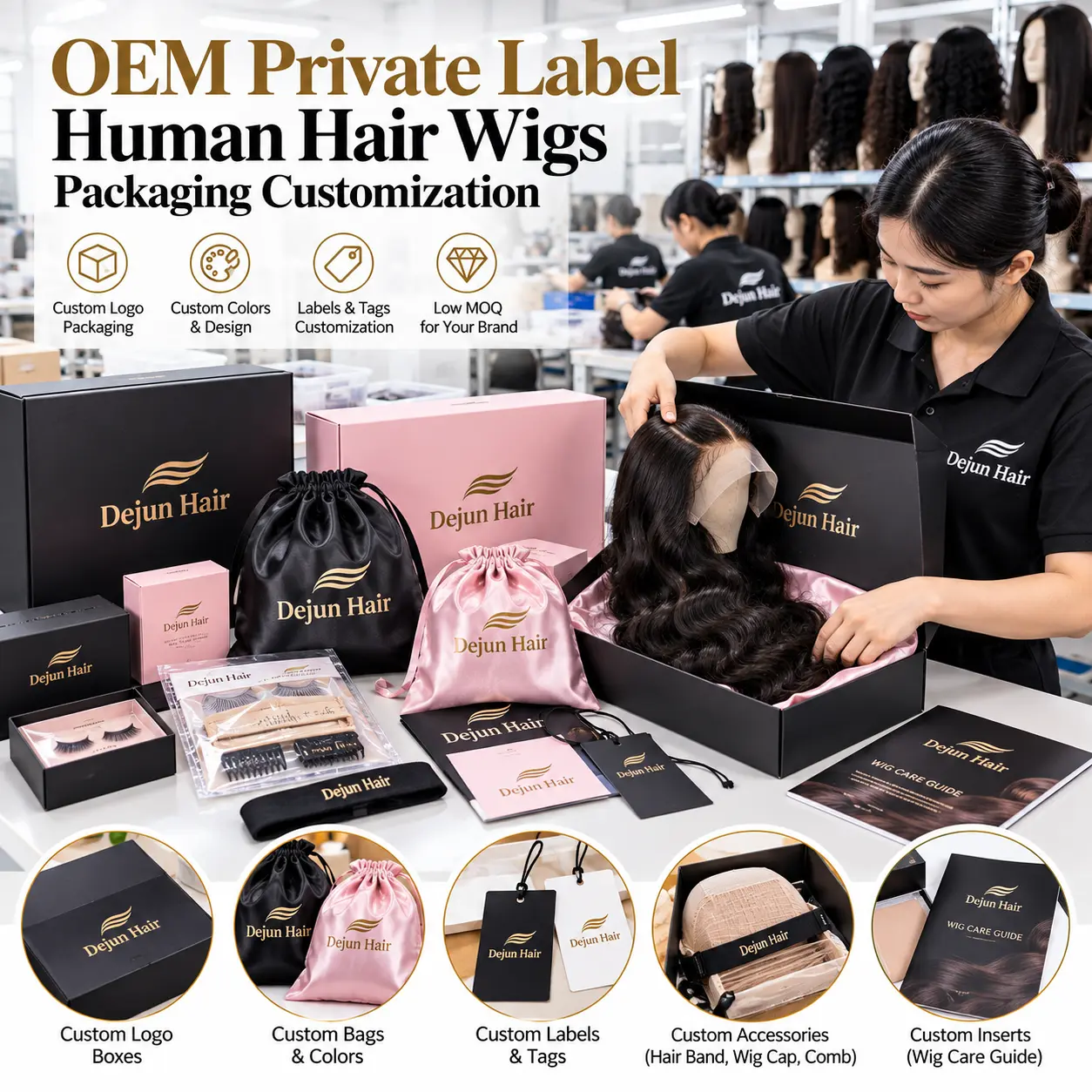 OEM private label human hair wigs packaging customization for wholesale wig brands