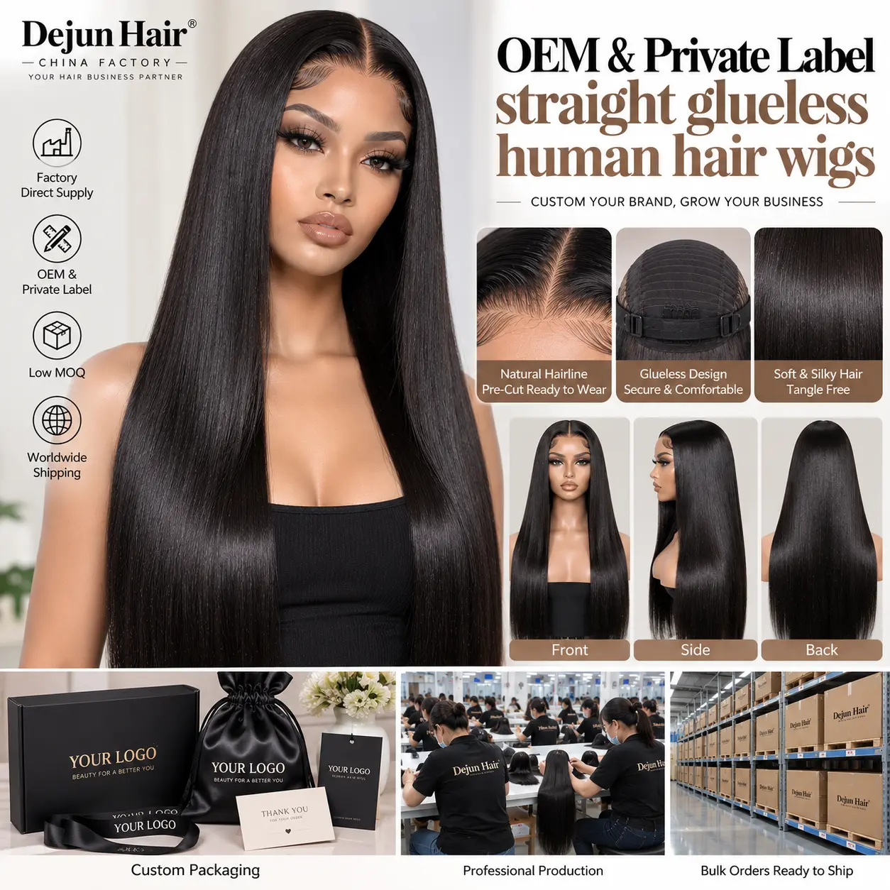 OEM private label straight glueless human hair wigs for hair businesses