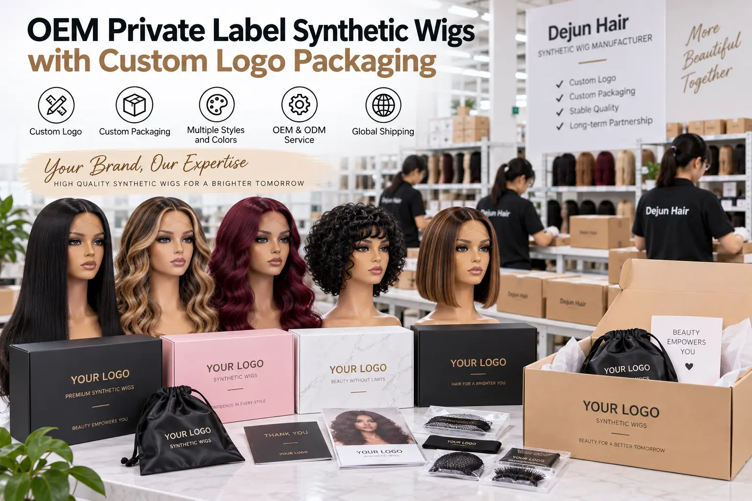 OEM private label synthetic wigs with custom logo packaging for wholesale buyers