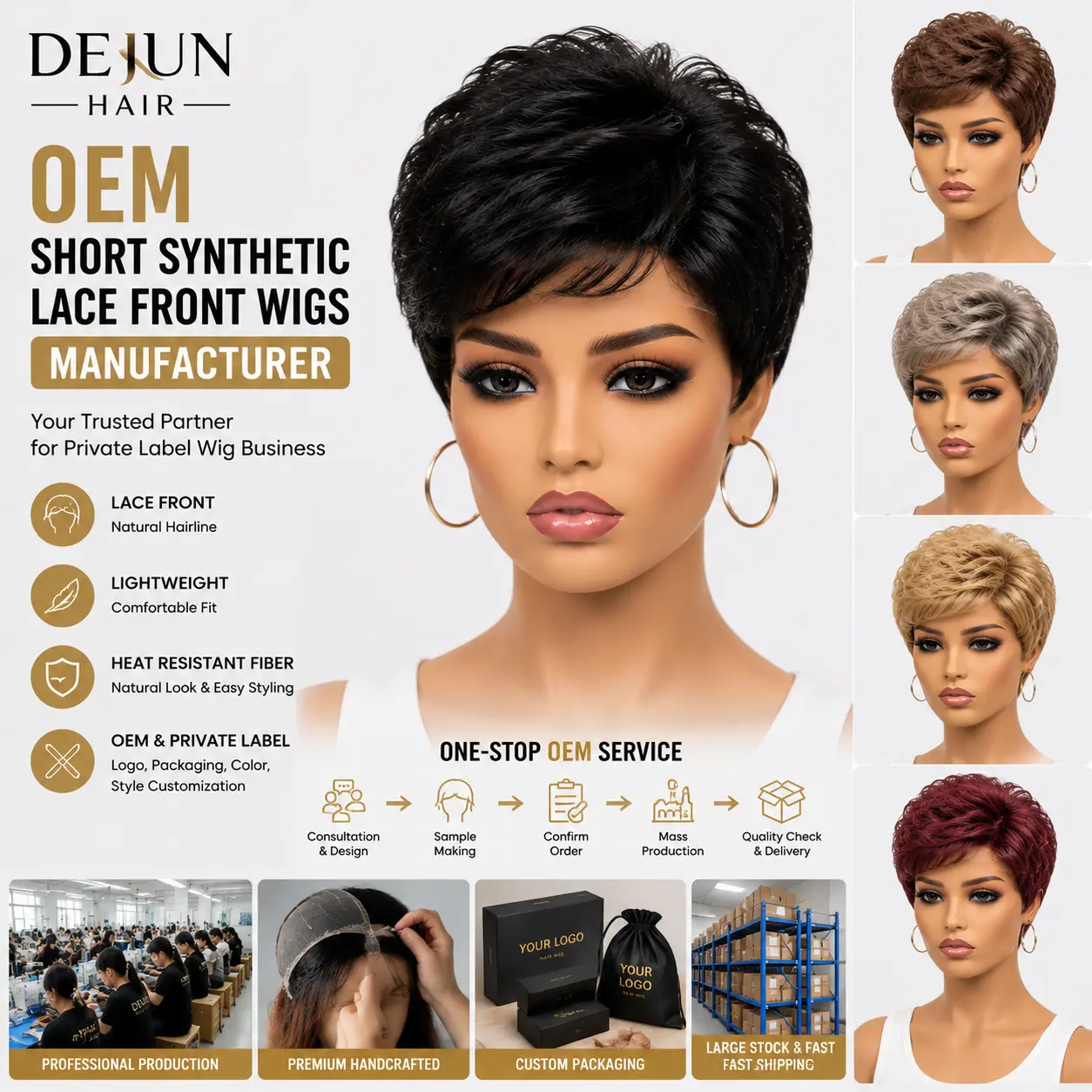 OEM short synthetic lace front wigs manufacturer providing custom styles, packaging, and private label services