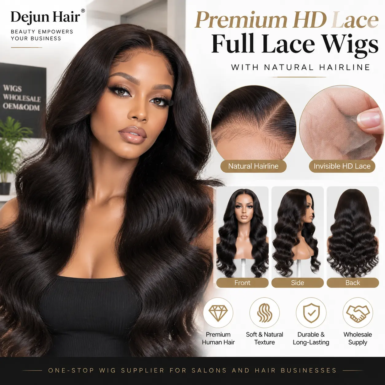 Premium HD lace full lace wigs with natural hairline for salons, retailers and professional wig businesses