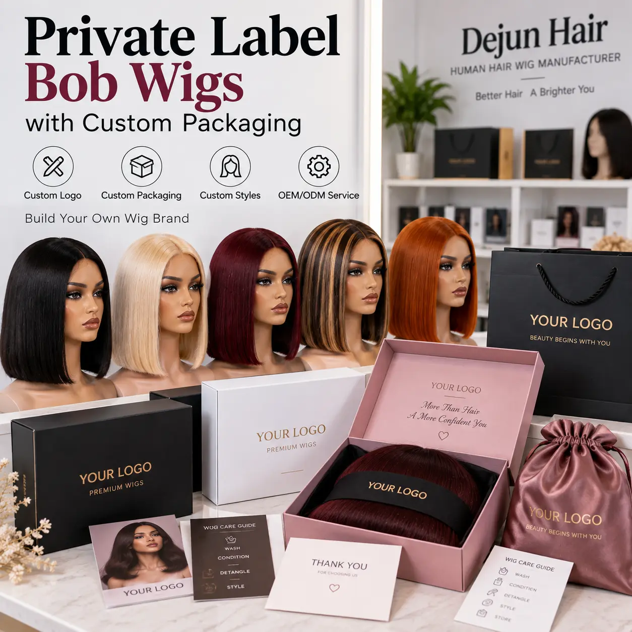Private label bob wigs with custom logo and packaging for wig brands