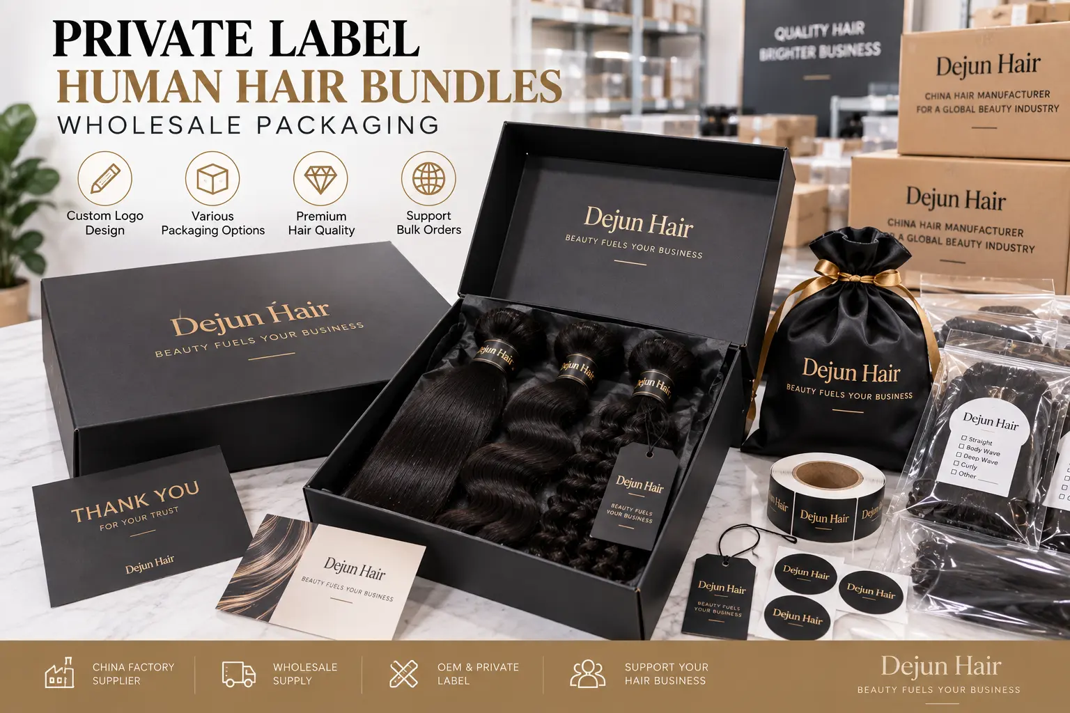Private label human hair bundles wholesale packaging with custom logo options for hair brands