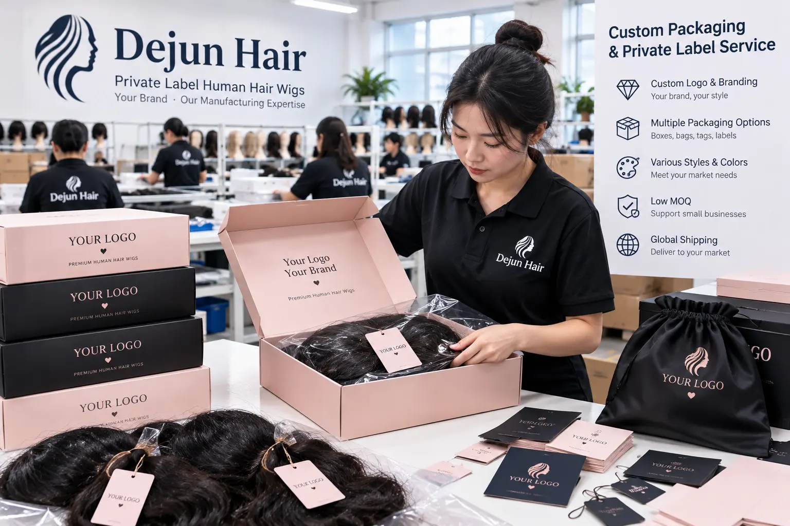 Private label human hair wigs with custom logo packaging for wholesale buyers