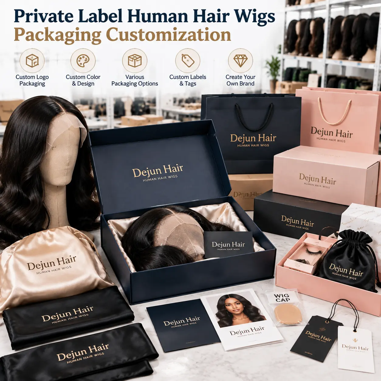 Private label human hair wigs packaging customization with custom logo and branded accessories