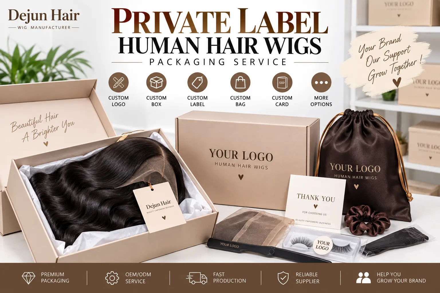 Private label human hair wigs packaging service with custom logo and boxes