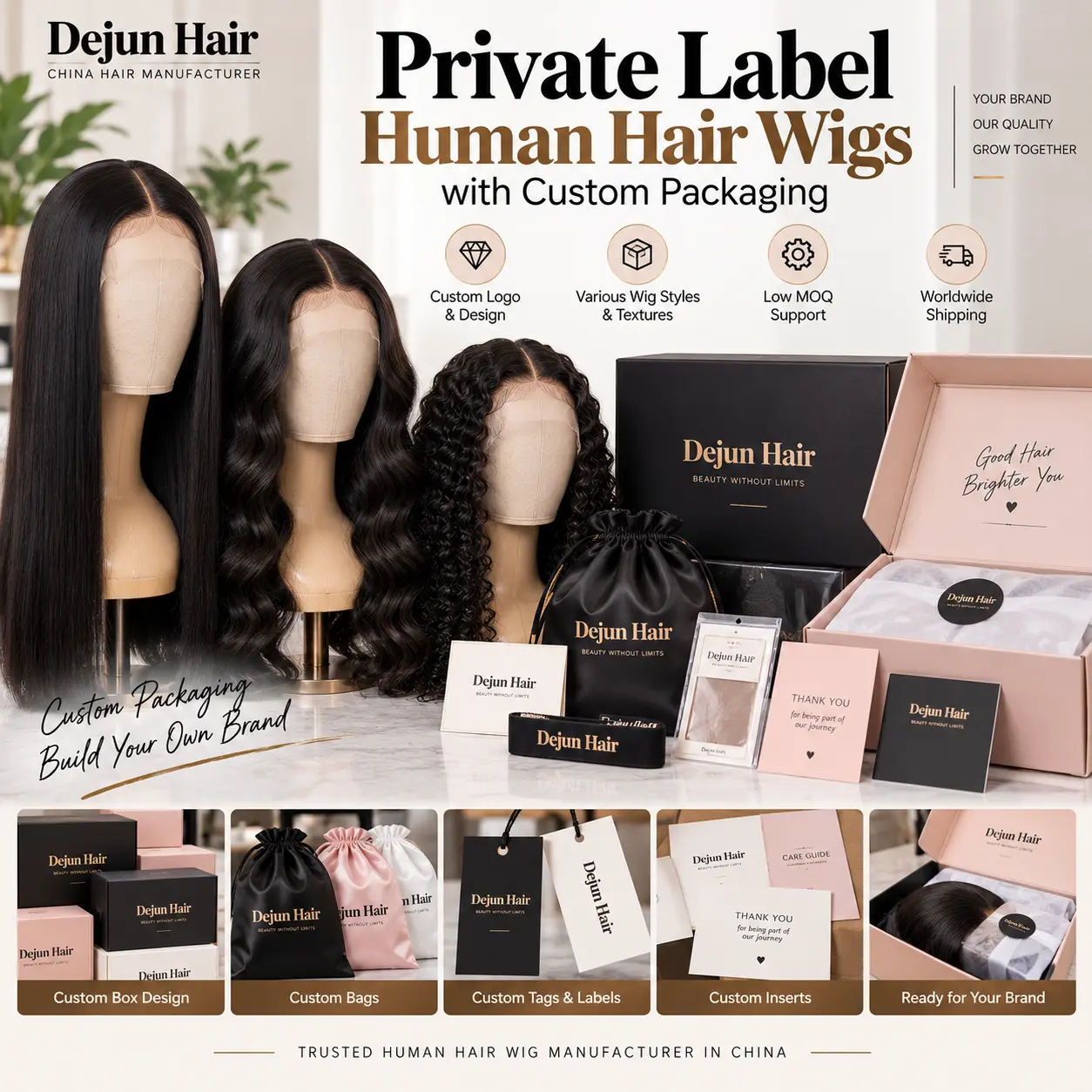 Private label human hair wigs with custom logo and packaging for wholesale businesses