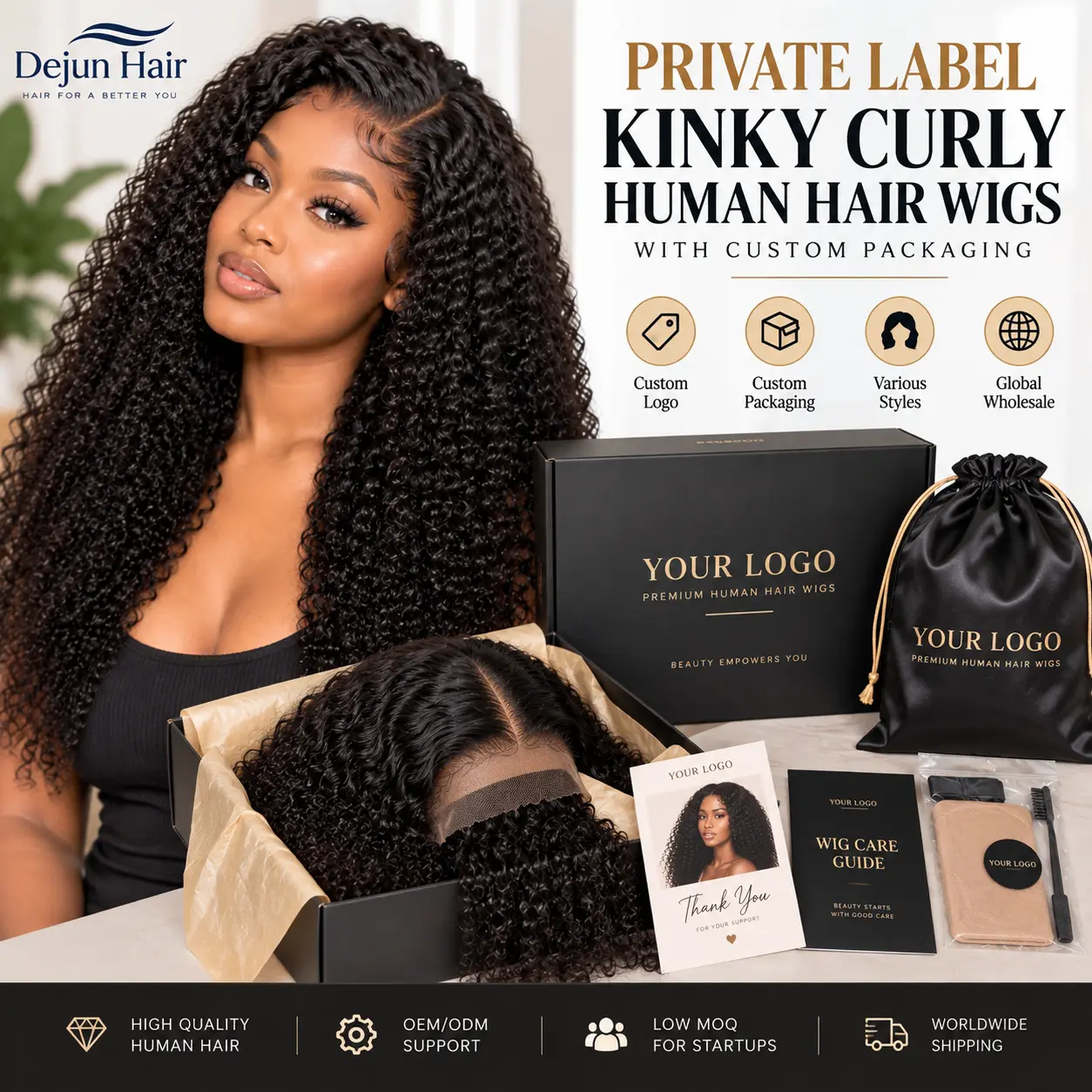 Private label kinky curly human hair wigs with custom logo packaging