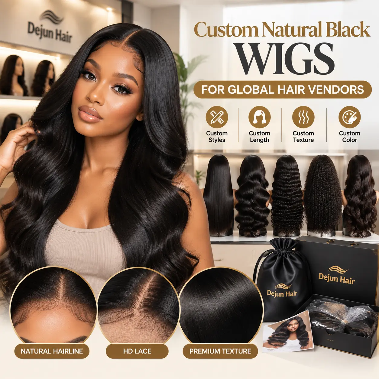 Private label natural black wigs with custom packaging for global hair businesses