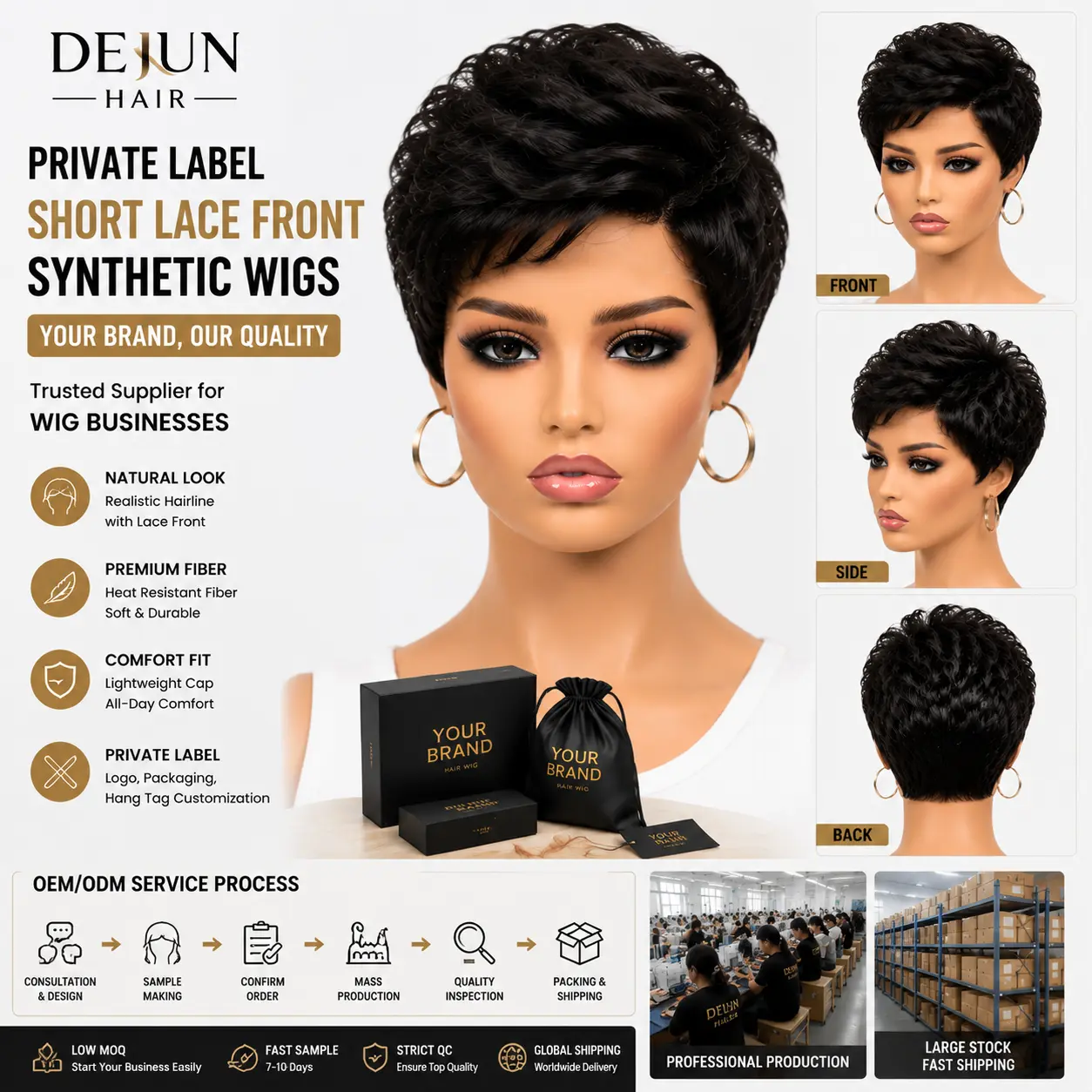 Private label short lace front synthetic wigs supplier offering custom branding and wholesale solutions