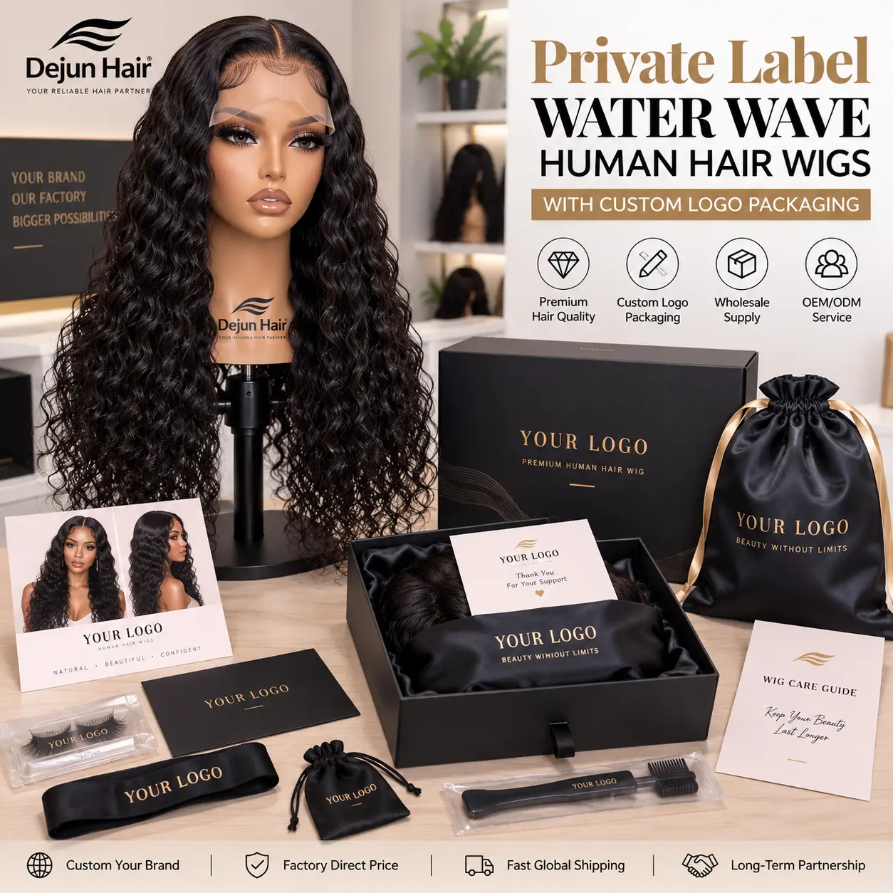 Private label water wave human hair wigs with custom logo packaging