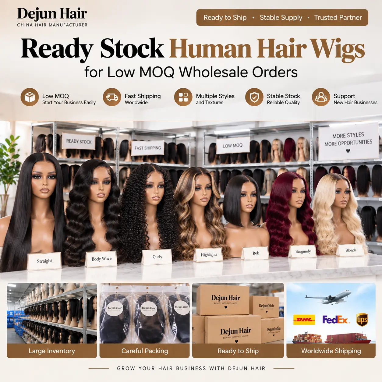 Ready stock human hair wigs for low MOQ wholesale orders from China factory