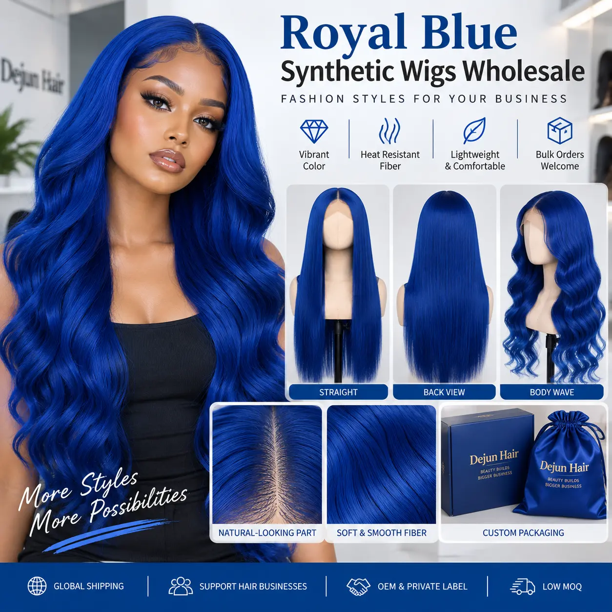 Royal blue synthetic wigs wholesale in straight wavy and curly styles