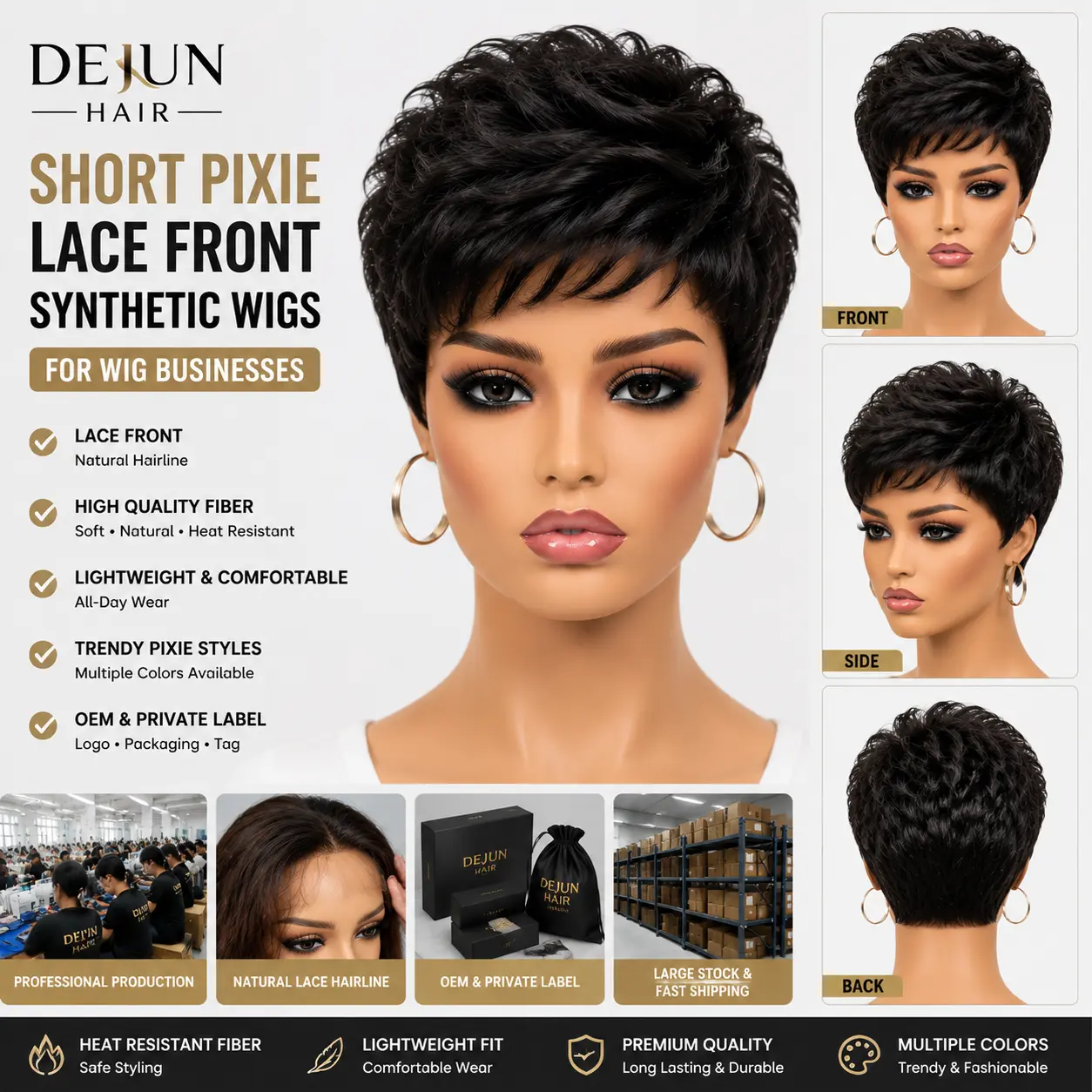 Short pixie lace front synthetic wigs for wig businesses with trendy styles and multiple colors