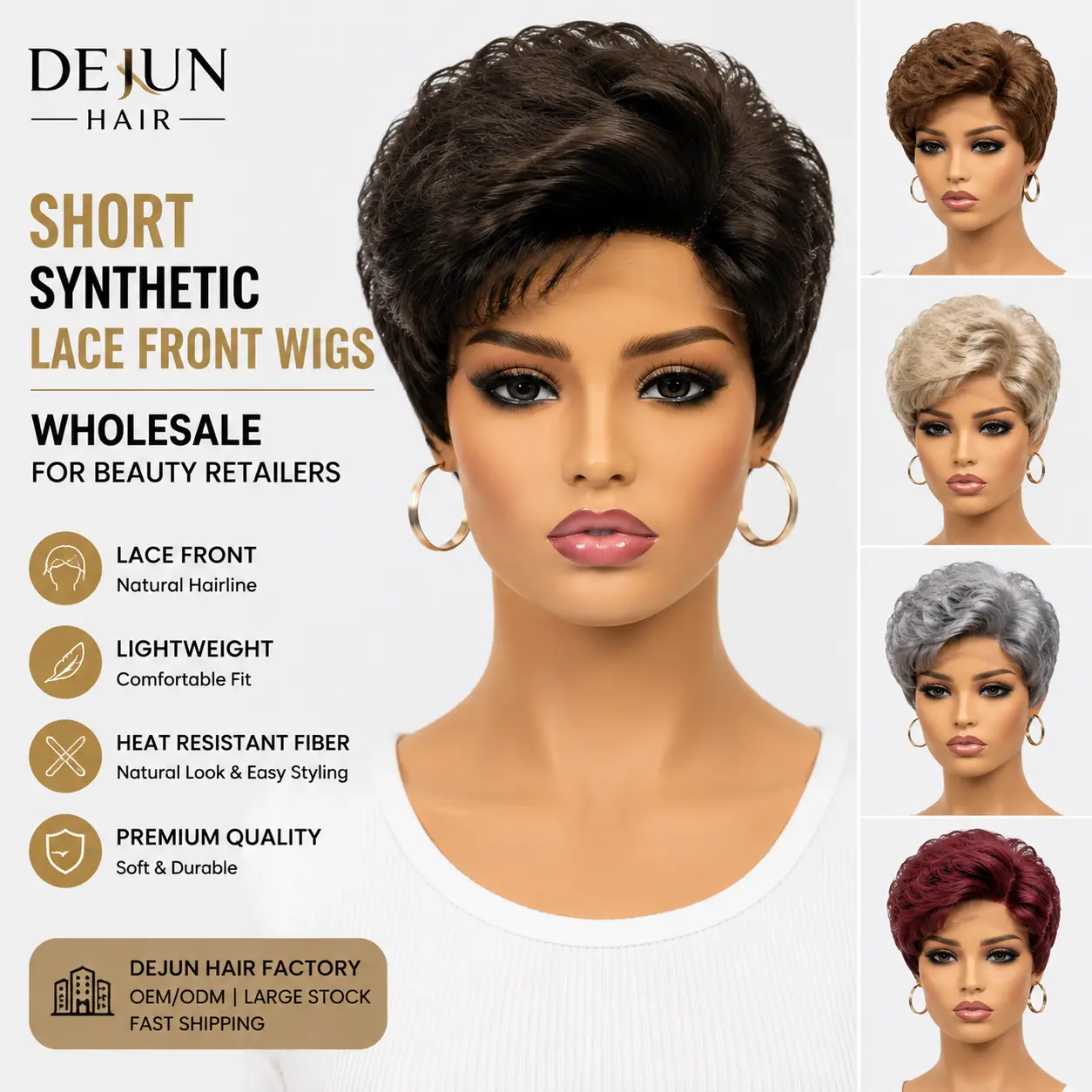 Short synthetic lace front wigs wholesale for beauty retailers with natural hairline and comfortable fit