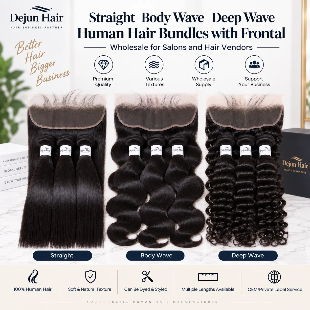 Straight body wave and deep wave human hair bundles with frontal