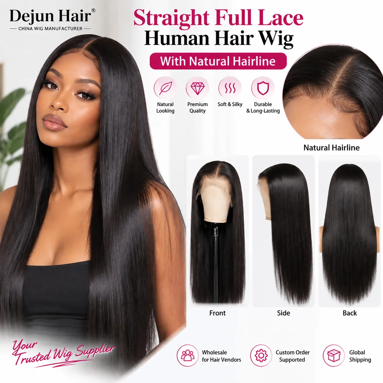 Straight full lace human hair wig with natural hairline for wholesale buyers