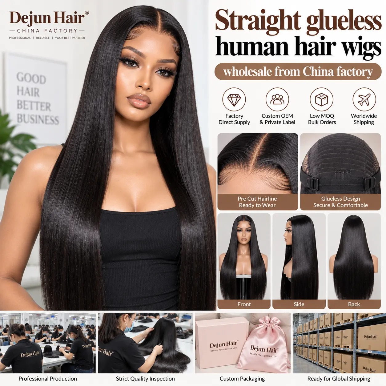 Straight glueless human hair wigs wholesale from China factory
