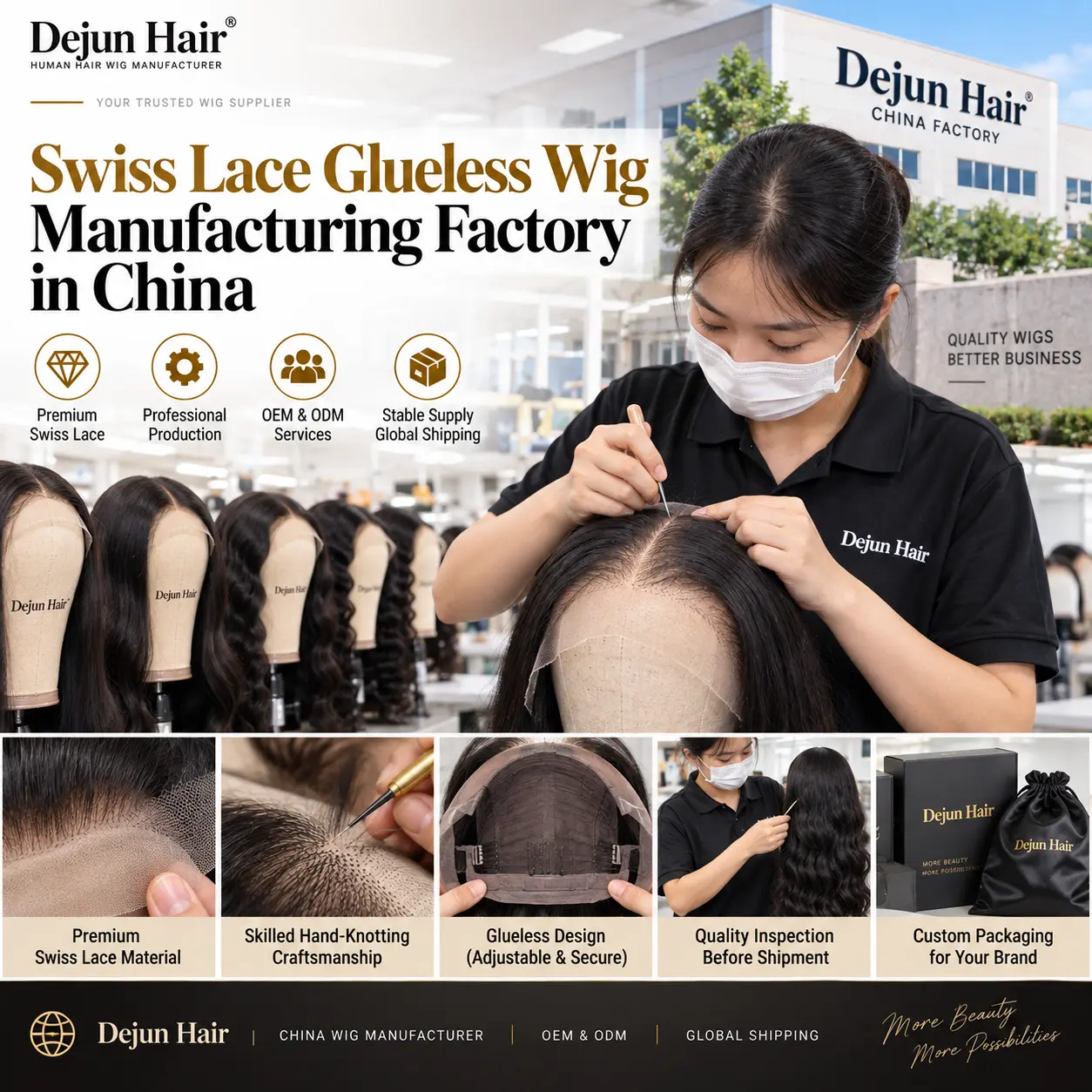 Dejun Hair Swiss lace glueless wig manufacturing factory in China