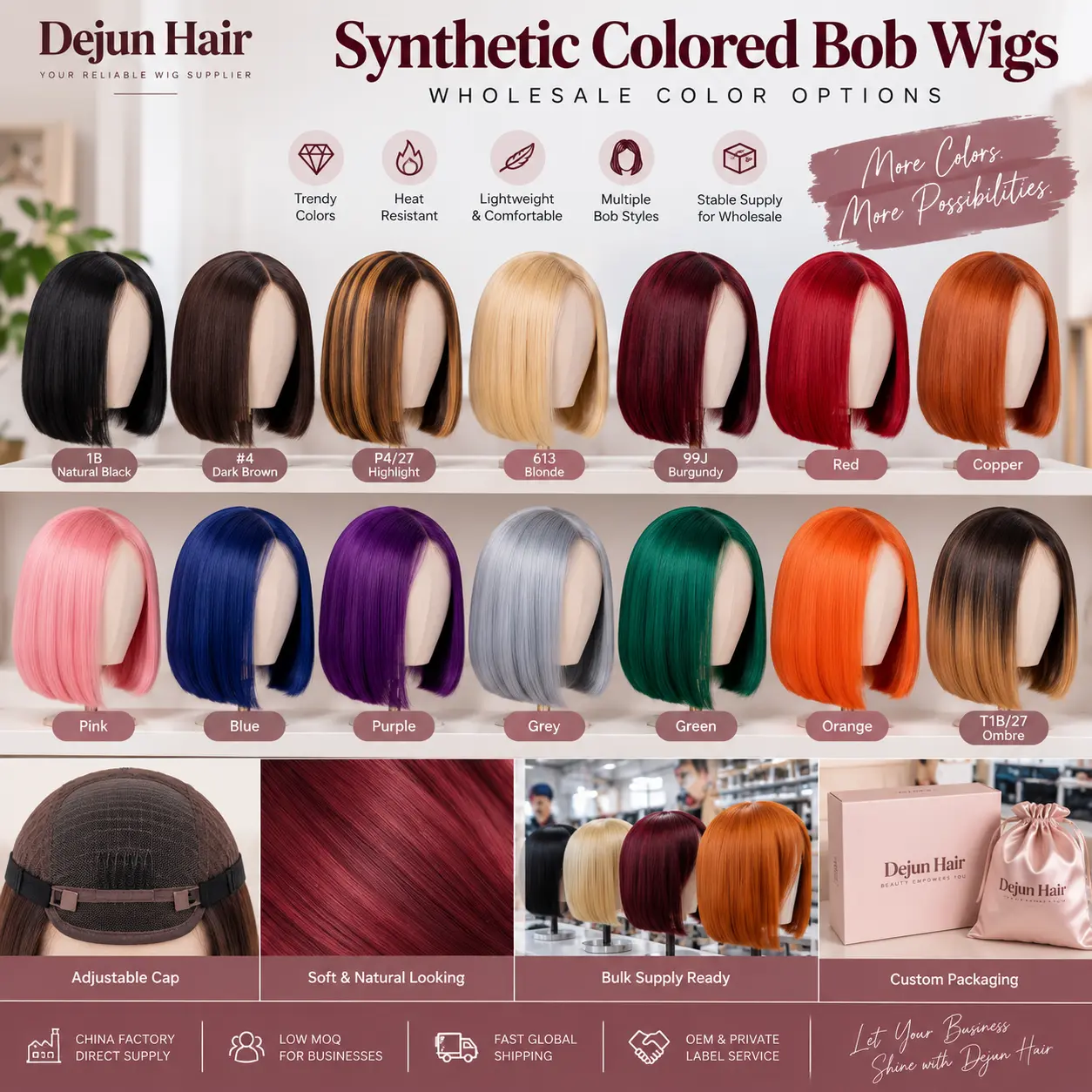 Synthetic colored bob wigs wholesale in multiple trendy color options