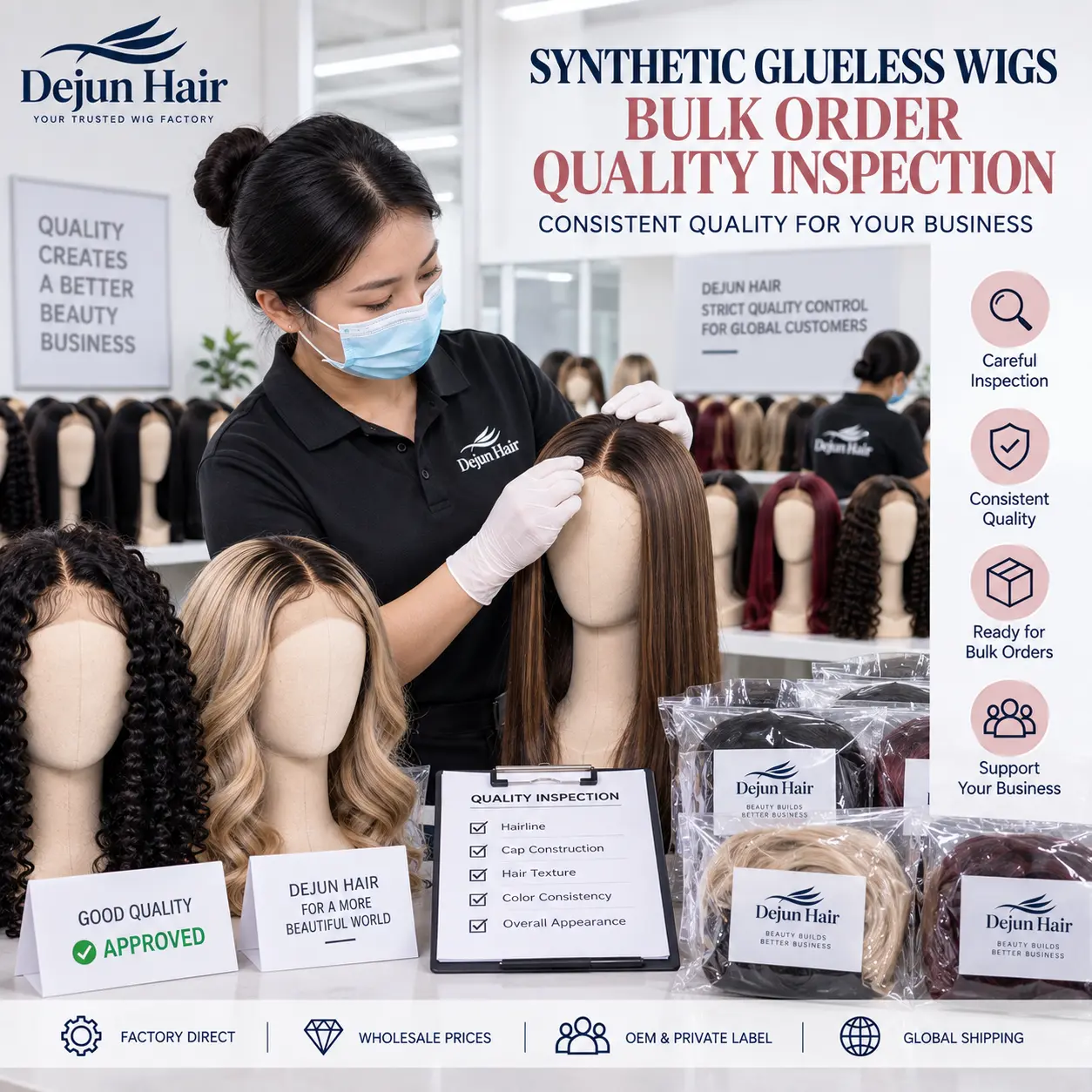 Synthetic glueless wigs bulk order quality inspection at Dejun Hair factory