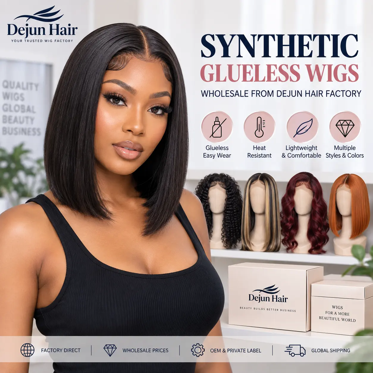 Synthetic glueless wigs wholesale from Dejun Hair factory