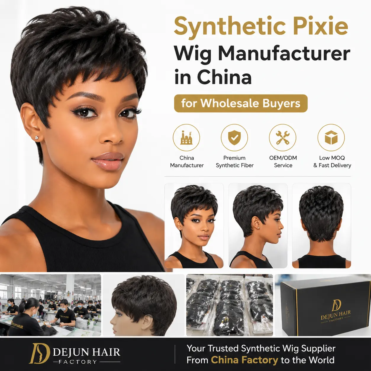 Synthetic pixie wig manufacturer in China supplying bulk wigs for wholesale buyers and retailers