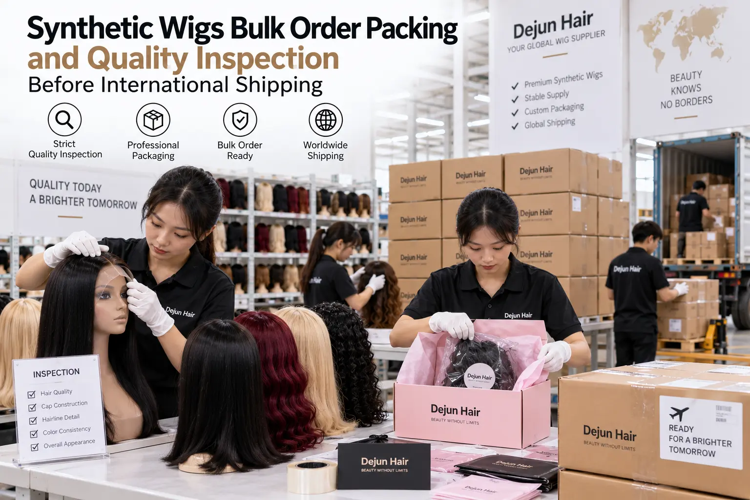 Synthetic wigs bulk order packing and quality inspection before international shipping