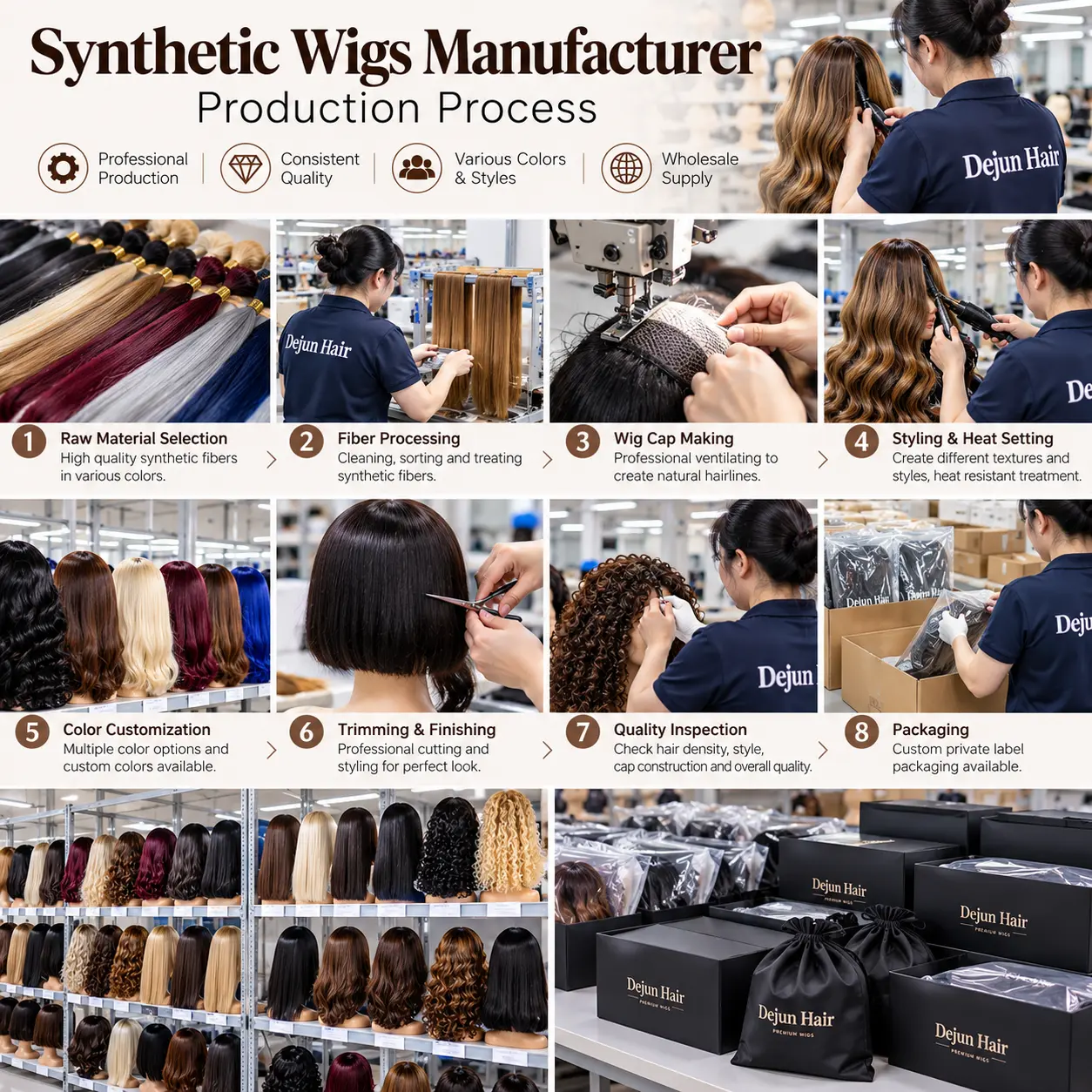 Synthetic wigs manufacturer production process at Dejun Hair factory