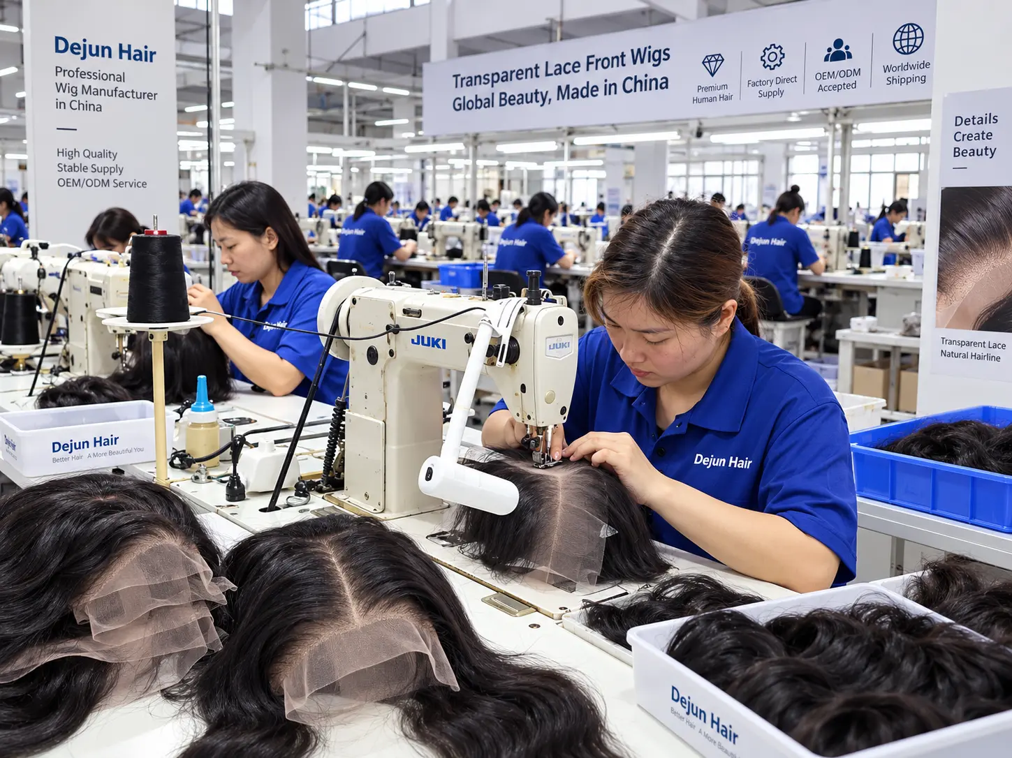 Transparent lace front human hair wig factory producing wigs for wholesale buyers