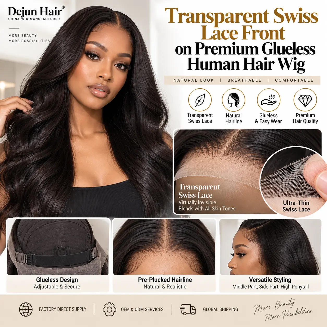 Transparent Swiss lace front on premium glueless human hair wig