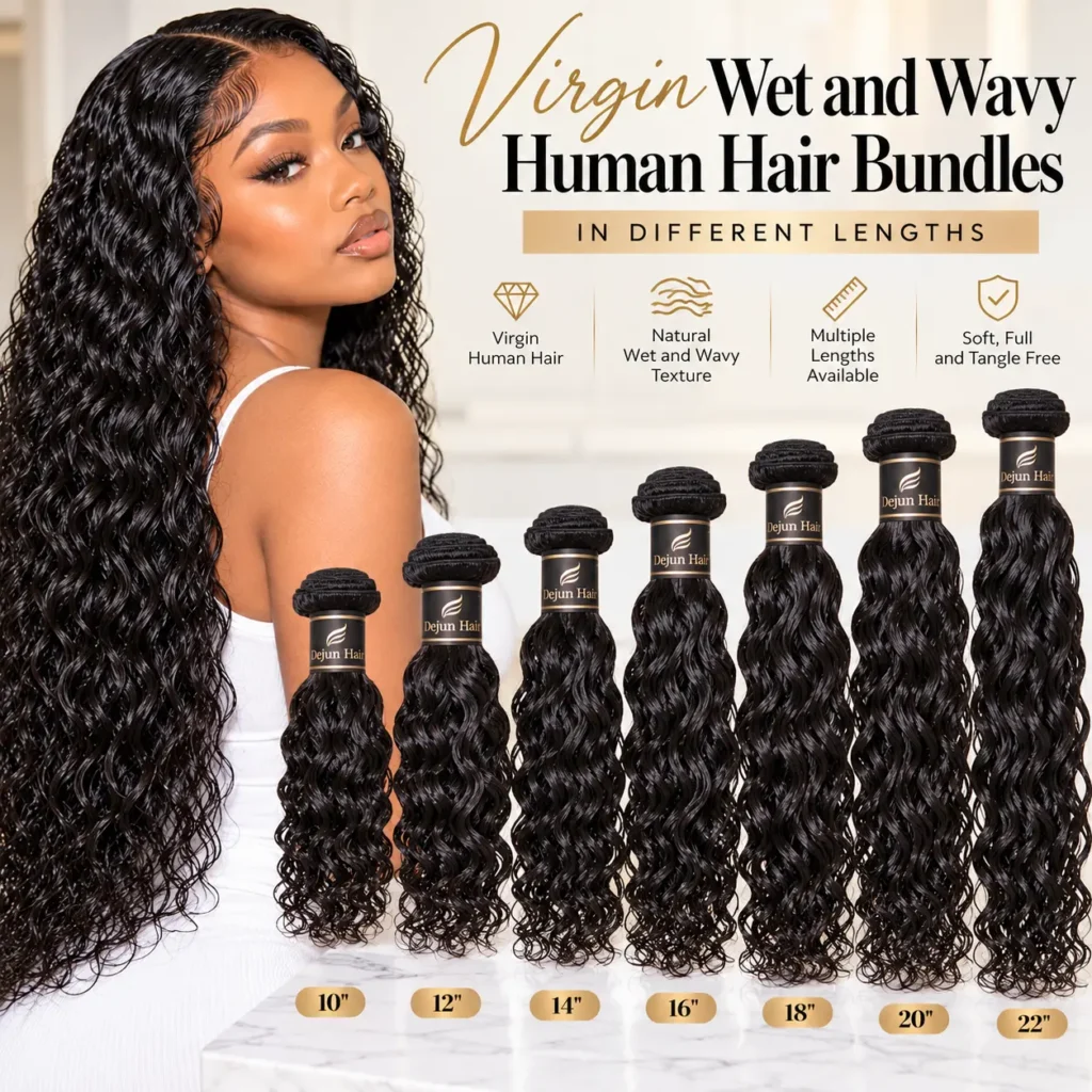 Virgin wet and wavy human hair bundles in different lengths for wholesale
