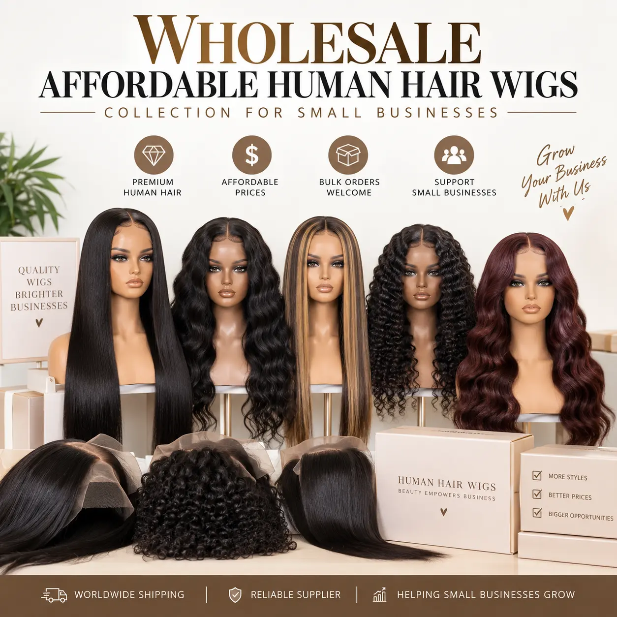 Wholesale affordable human hair wigs collection for small businesses and wig retailers