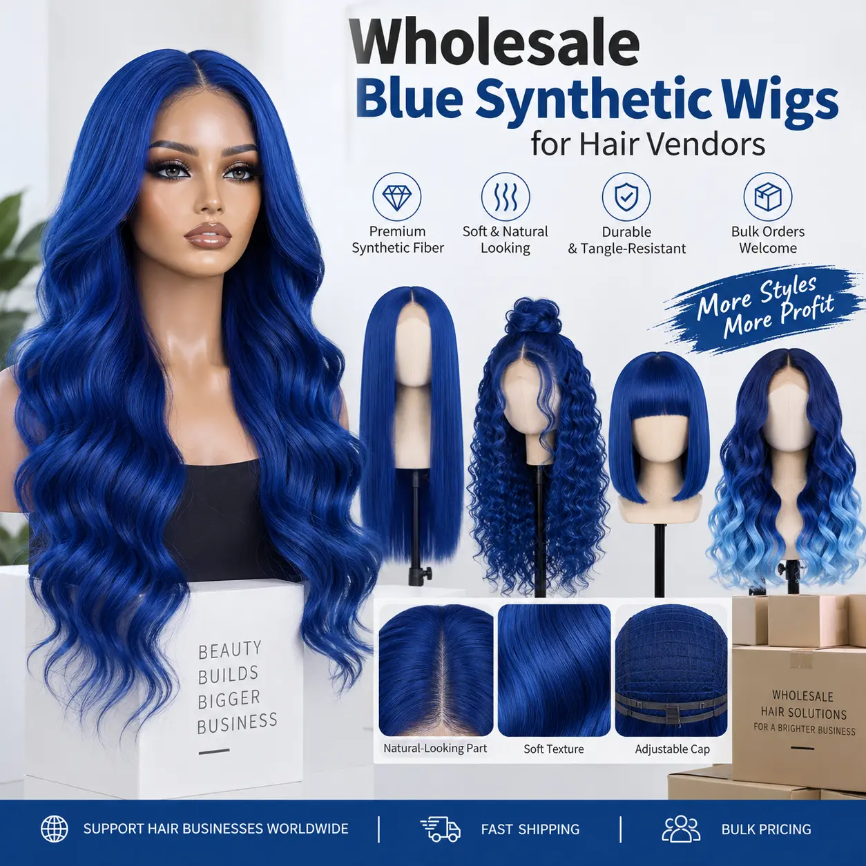 Wholesale blue synthetic wigs for hair vendors and beauty supply businesses
