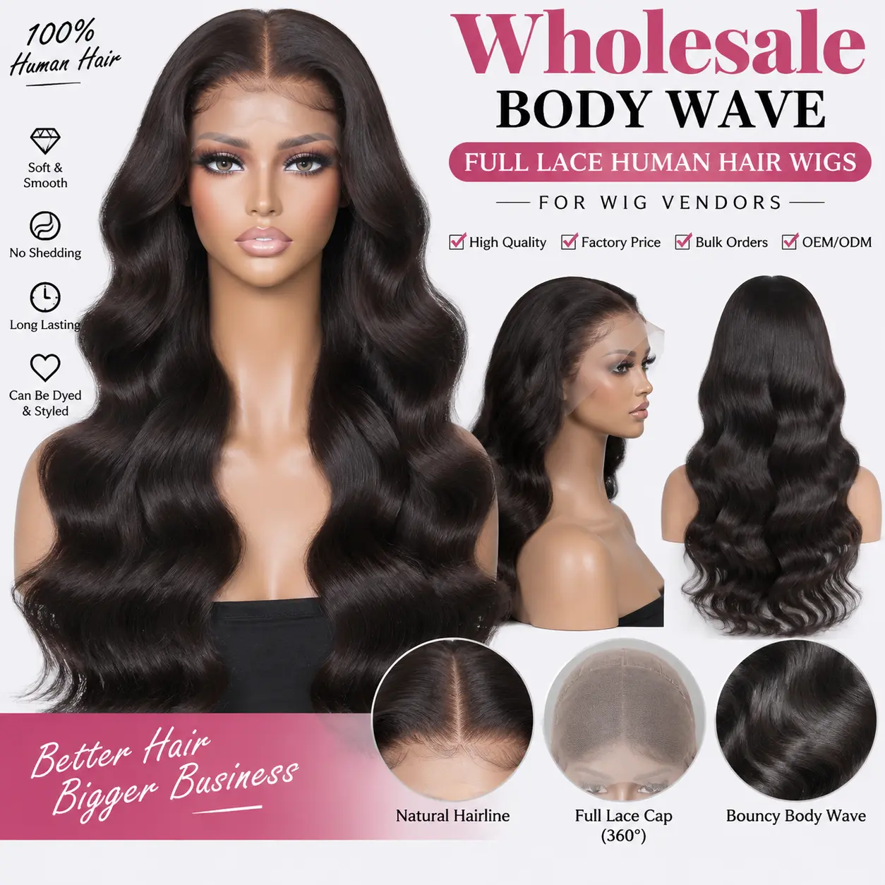 Wholesale body wave full lace human hair wigs for wig vendors with natural waves and premium lace construction