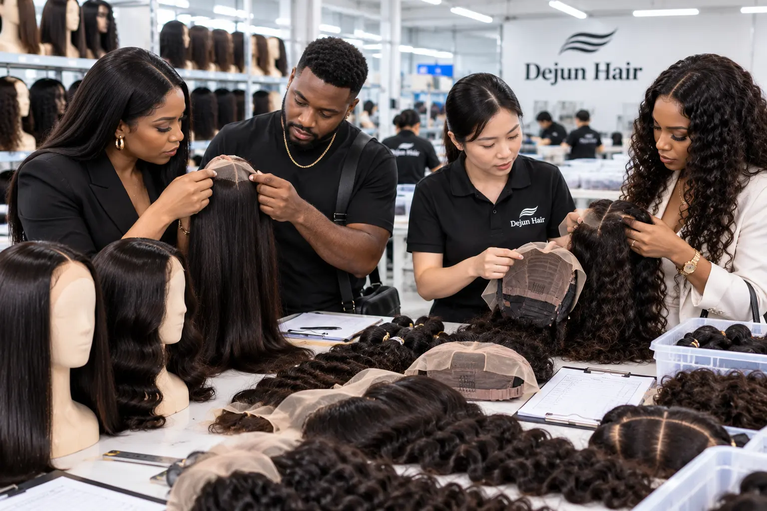 Wholesale buyers checking human hair wig quality before placing a bulk order at the factory