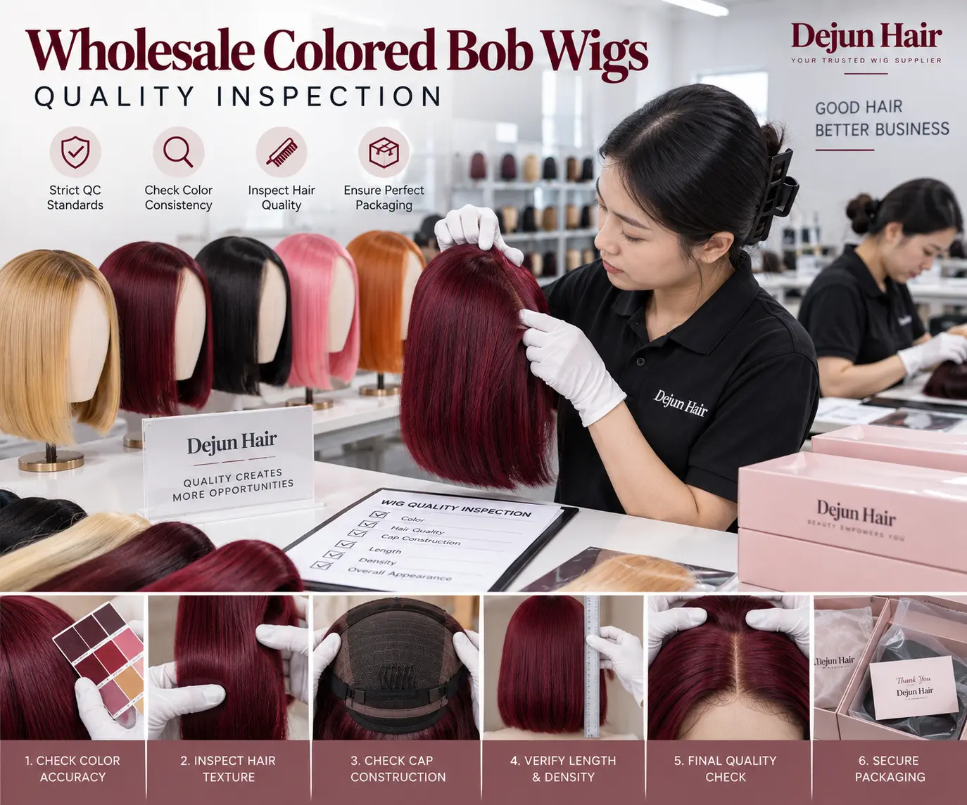 Wholesale colored bob wigs quality inspection at Dejun Hair factory