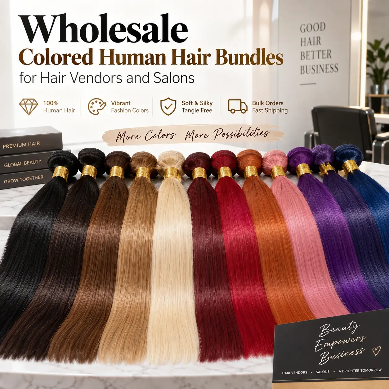Wholesale colored human hair bundles for hair vendors, salons and beauty supply businesses