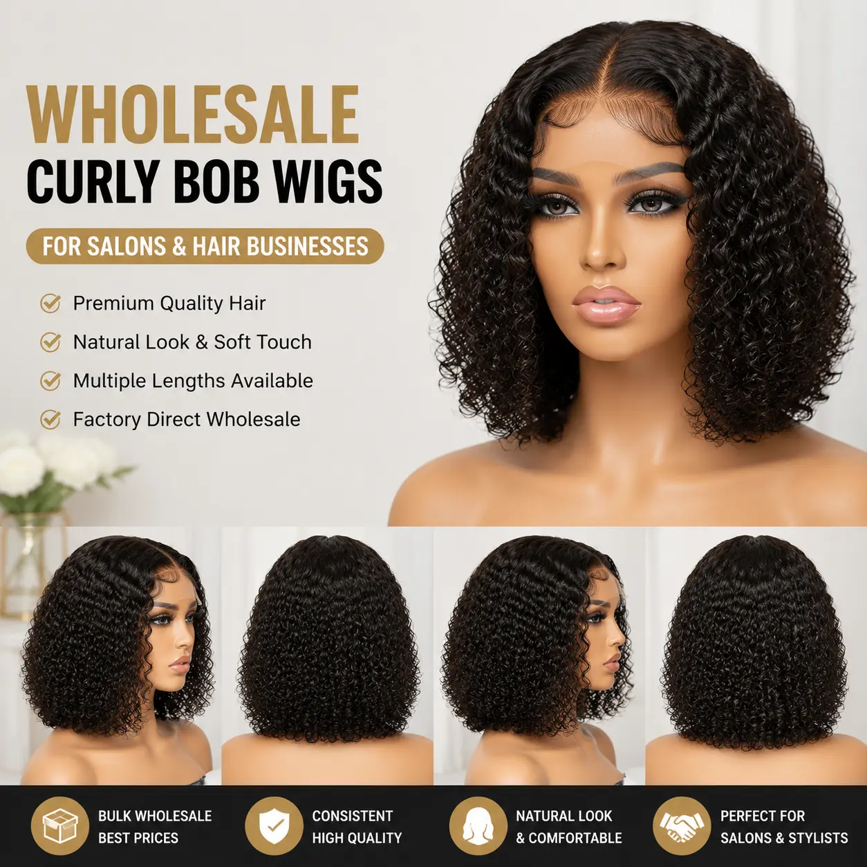 Wholesale curly bob wigs for salons and hair businesses in multiple styles and lengths