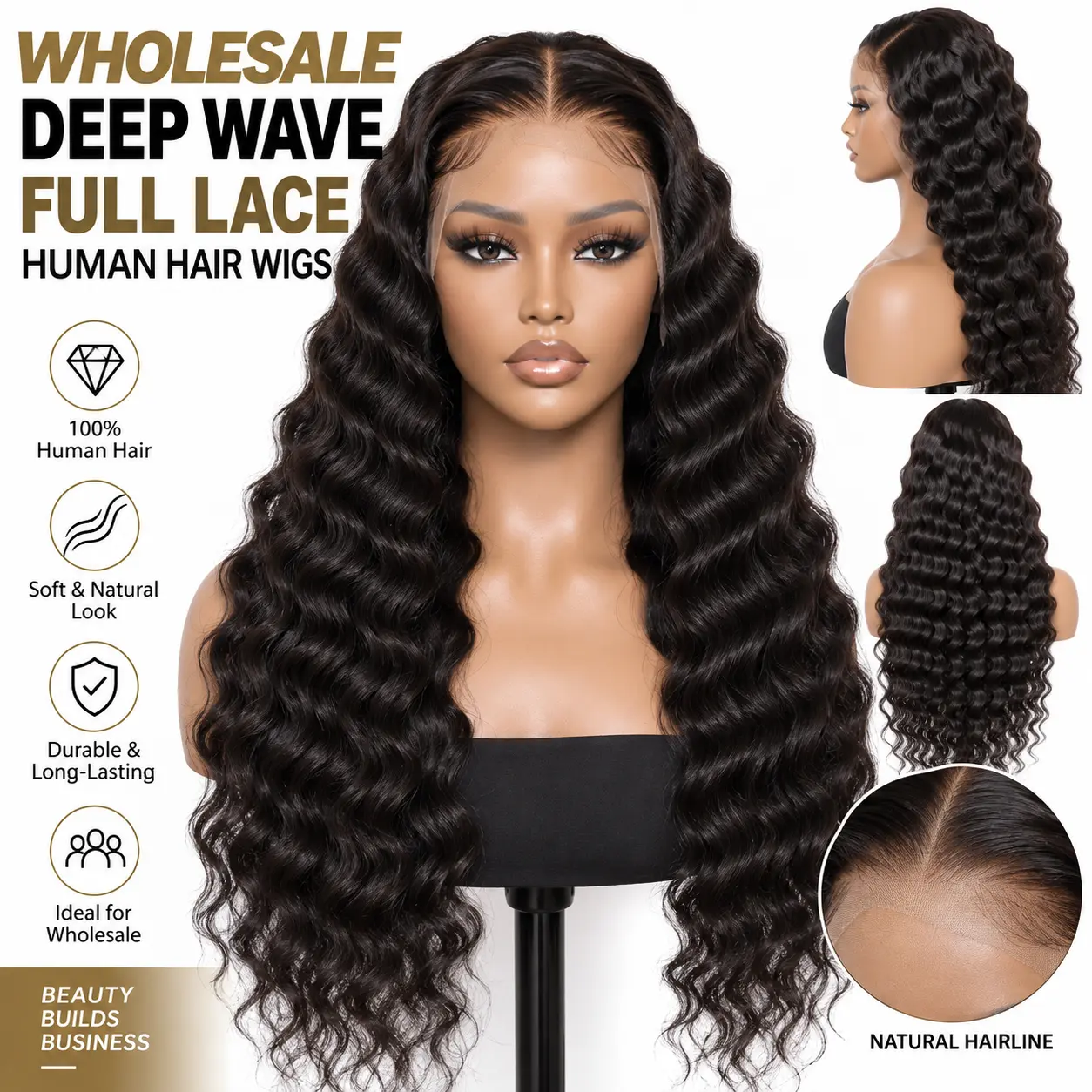 Wholesale deep wave full lace human hair wigs for hair vendors and salons