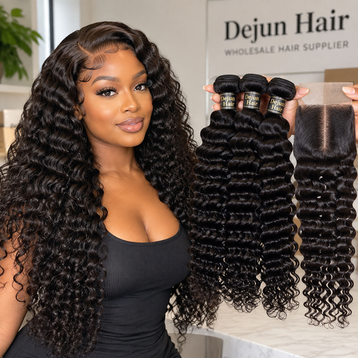 Wholesale deep wave human hair bundles with closure for hair vendors featuring premium wave texture and lace closure options