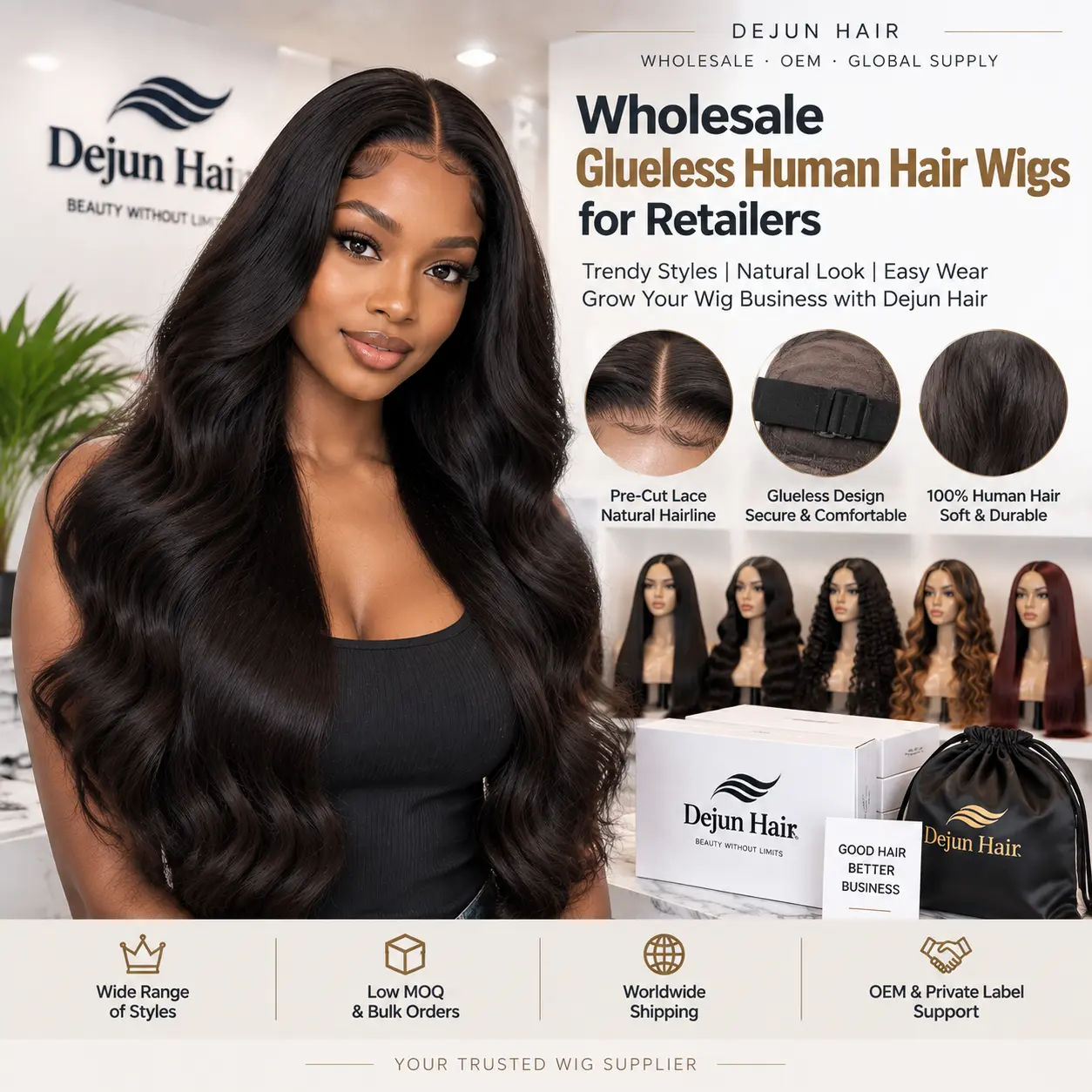 Human hair wigs wholesale supplier for beauty retailers offering bulk orders and global supply