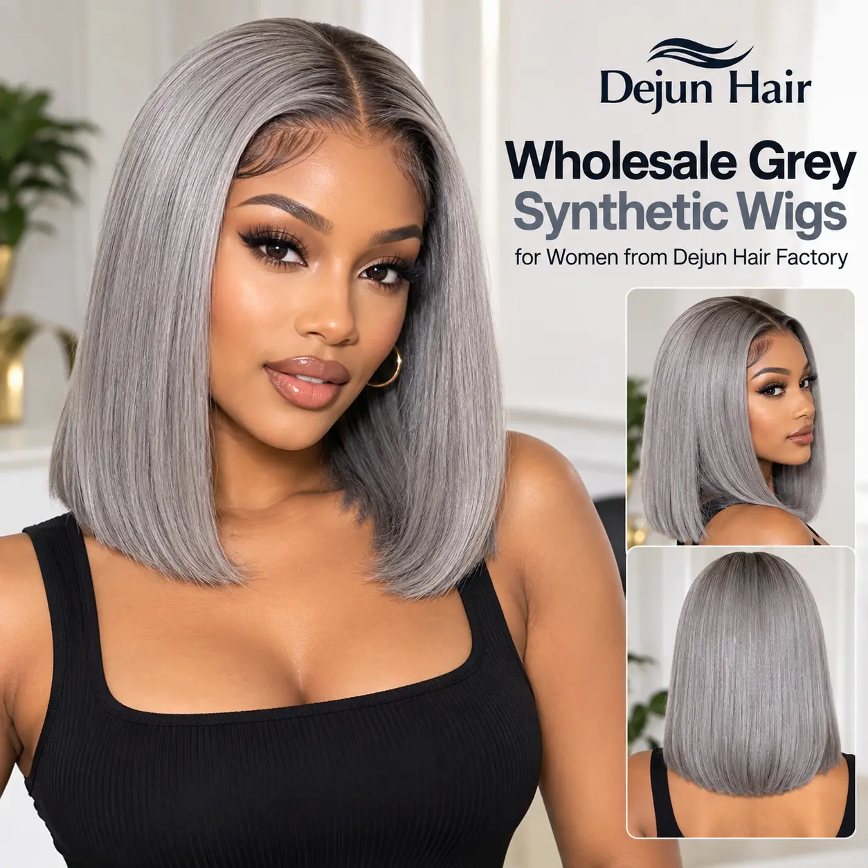 Wholesale grey synthetic wigs for women from Dejun Hair factory