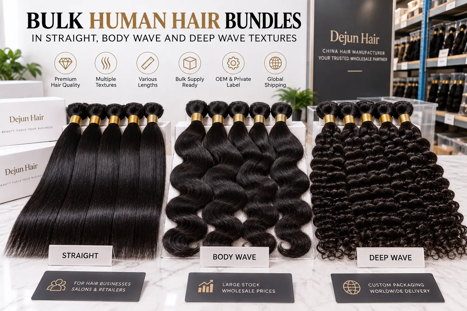 Wholesale human hair bundles in straight, body wave and deep wave textures