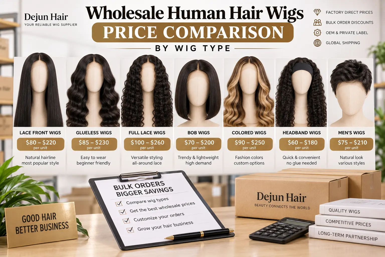 Wholesale human hair wigs price comparison by wig type