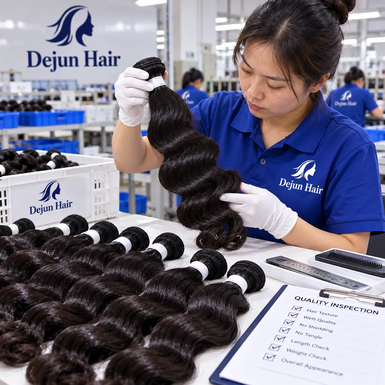 Wholesale loose wave human hair bundles quality inspection at Dejun Hair factory